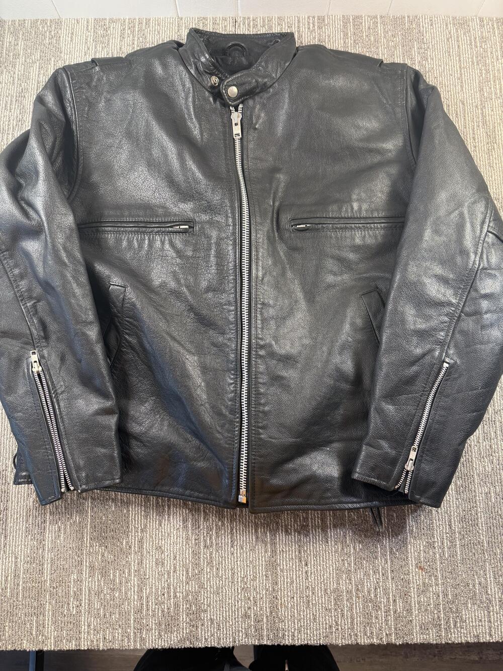 Genuine Leather Motorcycle Jacket Mens XL 54 Black Cafe Racer Zip Cuffs Biker